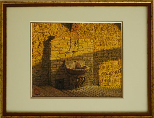 Fontana illuminato dal sole al tramonto, Assisi