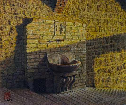 Fontana illuminato dal sole al tramonto, Assisi